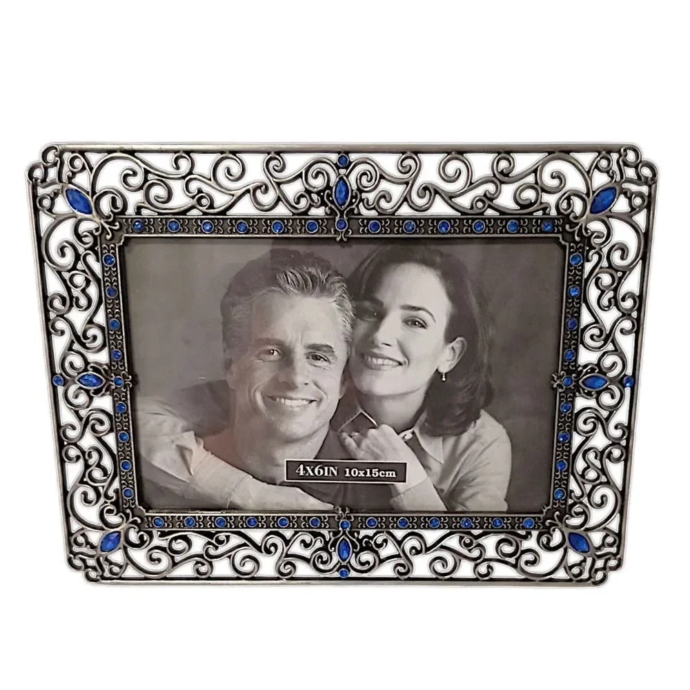 Picture Frame Ornate Metal Jewels Rhinestone Photo 4x6 Silver Tone Fairy Cottage